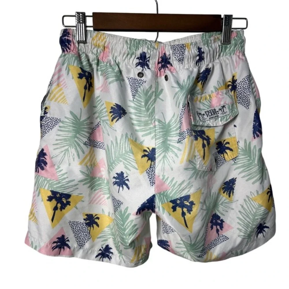 Free Planet Men Small Swim‎ Trunks White Tropical Geometric Palm Tree Print 5in